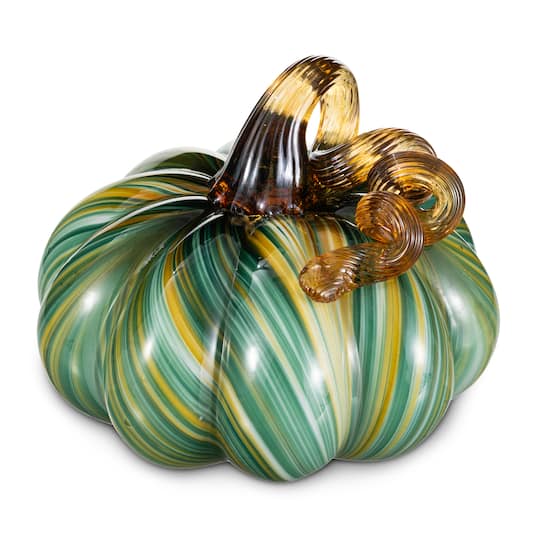 Glitzhome® 5.75" Multi Green Striped Glass Pumpkin Fall Table Decor